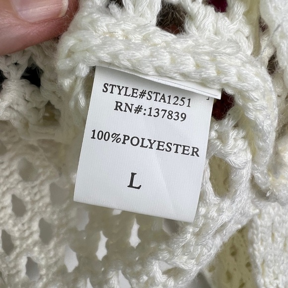 Debut Large Cream Crochet Knit Colorful Patchwork Open Sweater Bohemian Prairie - Picture 9 of 10